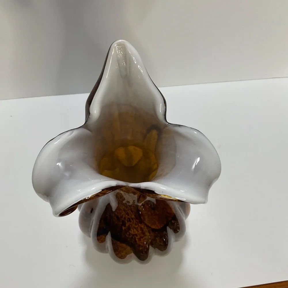 Handblown Vintage Tulip Vase Tiger‎ Eye Brown Fluted White Contrast Home Decor